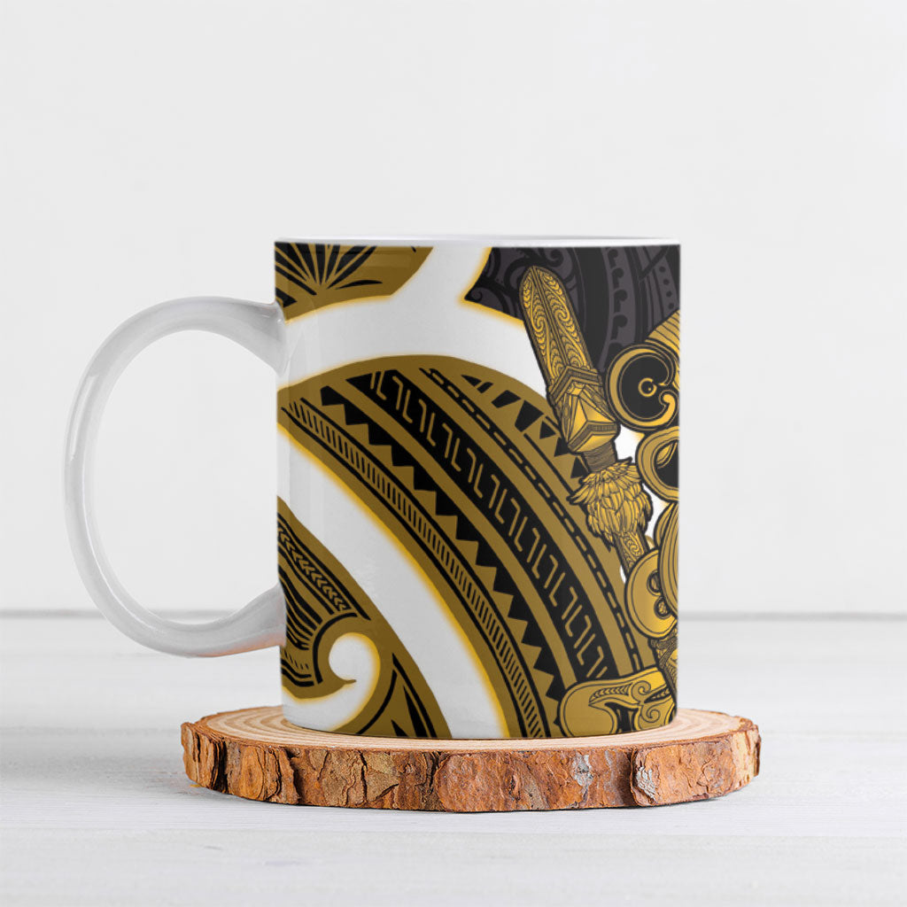 Kowhai Aotearoa Atua Tumatauenga Ceramic Mug Maori God Of War Tiki With Taiaha LT14 Yellow - Polynesian Pride