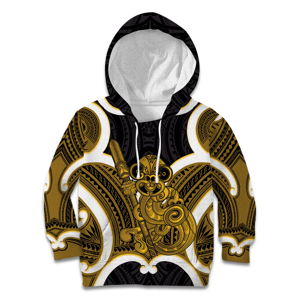 Kowhai Aotearoa Atua Tumatauenga Personalised Kid Hoodie Maori God Of War Tiki With Taiaha LT14 Hoodie Yellow - Polynesian Pride