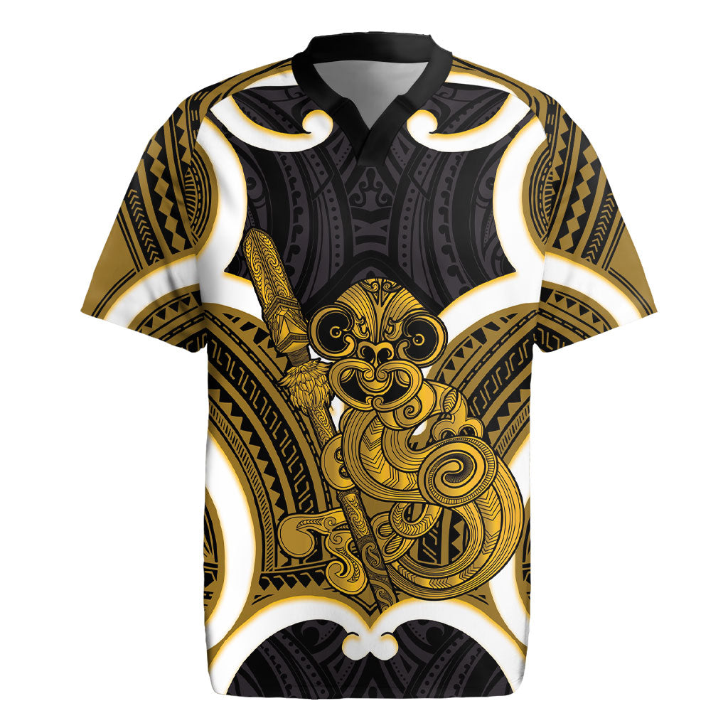 Kowhai Aotearoa Atua Tumatauenga Personalised Rugby Jersey Maori God Of War Tiki With Taiaha LT14 Yellow - Polynesian Pride