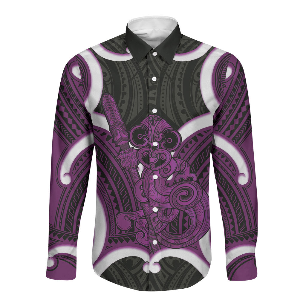 Waiporoporo Aotearoa Atua Tumatauenga Personalised Long Sleeve Button Shirt Maori God Of War Tiki With Taiaha LT14 Unisex Purple - Polynesian Pride