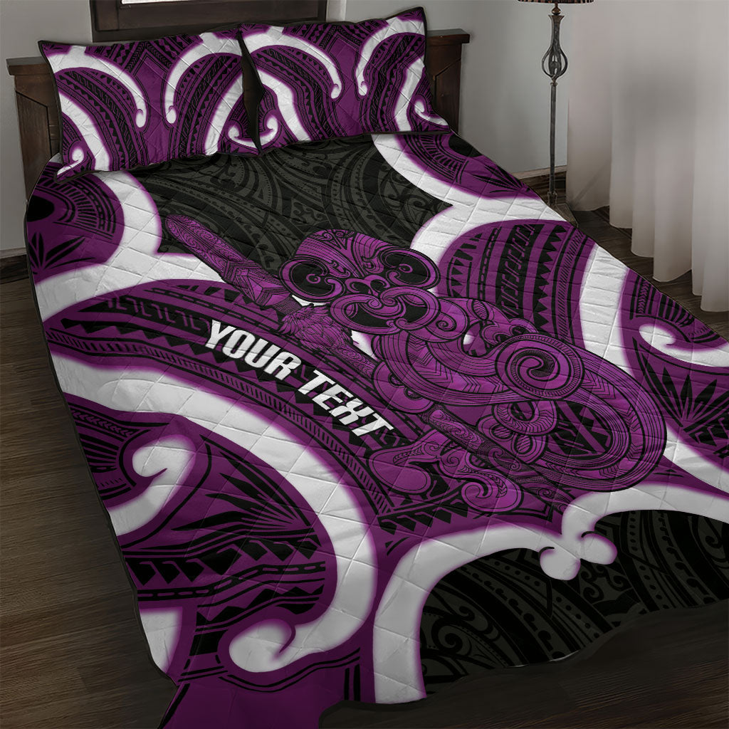 Waiporoporo Aotearoa Atua Tumatauenga Personalised Quilt Bed Set Maori God Of War Tiki With Taiaha LT14 Purple - Polynesian Pride
