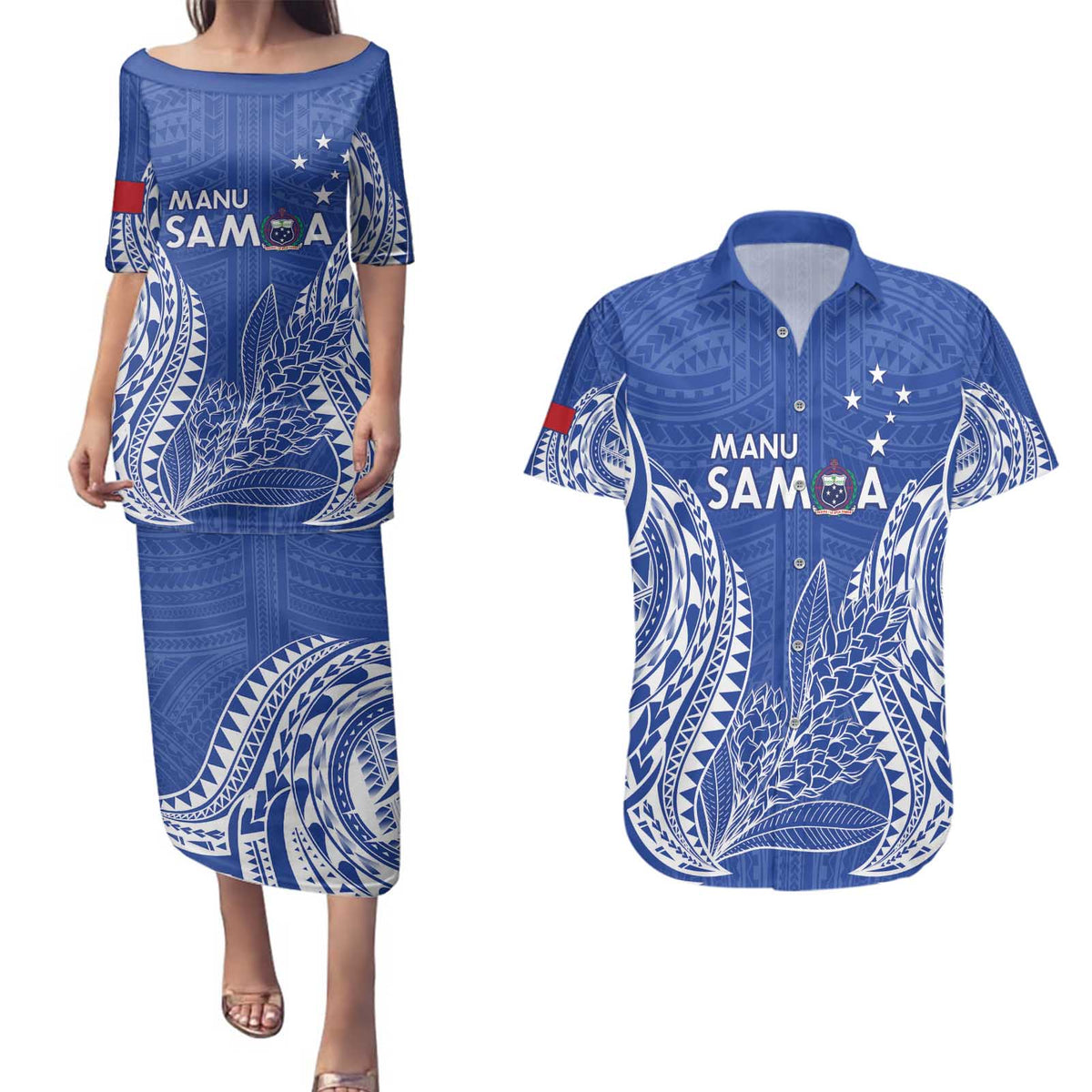Custom Manu Samoa Rugby 2024 Couples Matching Puletasi and Hawaiian Shirt Go Champions Samoan Tattoo LT14 Blue - Polynesian Pride