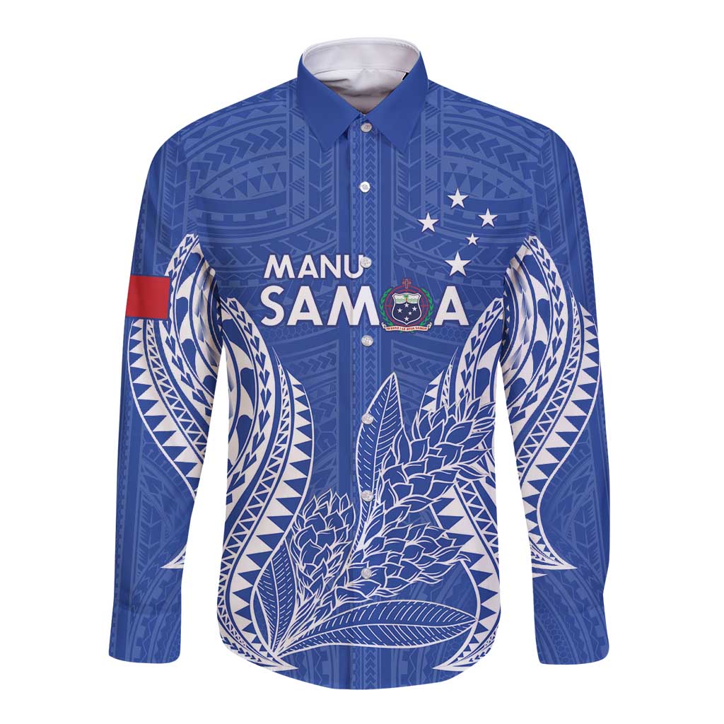 Custom Manu Samoa Rugby 2024 Long Sleeve Button Shirt Go Champions Samoan Tattoo LT14 Unisex Blue - Polynesian Pride