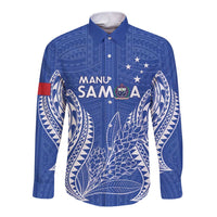Custom Manu Samoa Rugby 2024 Long Sleeve Button Shirt Go Champions Samoan Tattoo LT14 Unisex Blue - Polynesian Pride