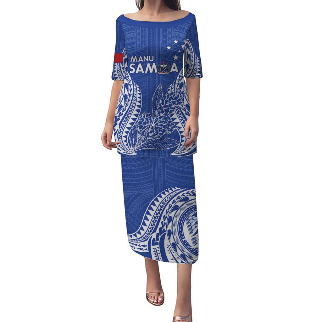 Custom Manu Samoa Rugby 2024 Puletasi Go Champions Samoan Tattoo LT14 Long Dress Blue - Polynesian Pride