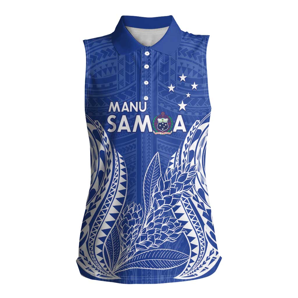 Custom Manu Samoa Rugby 2024 Women Sleeveless Polo Shirt Go Champions Samoan Tattoo LT14 Female Blue - Polynesian Pride