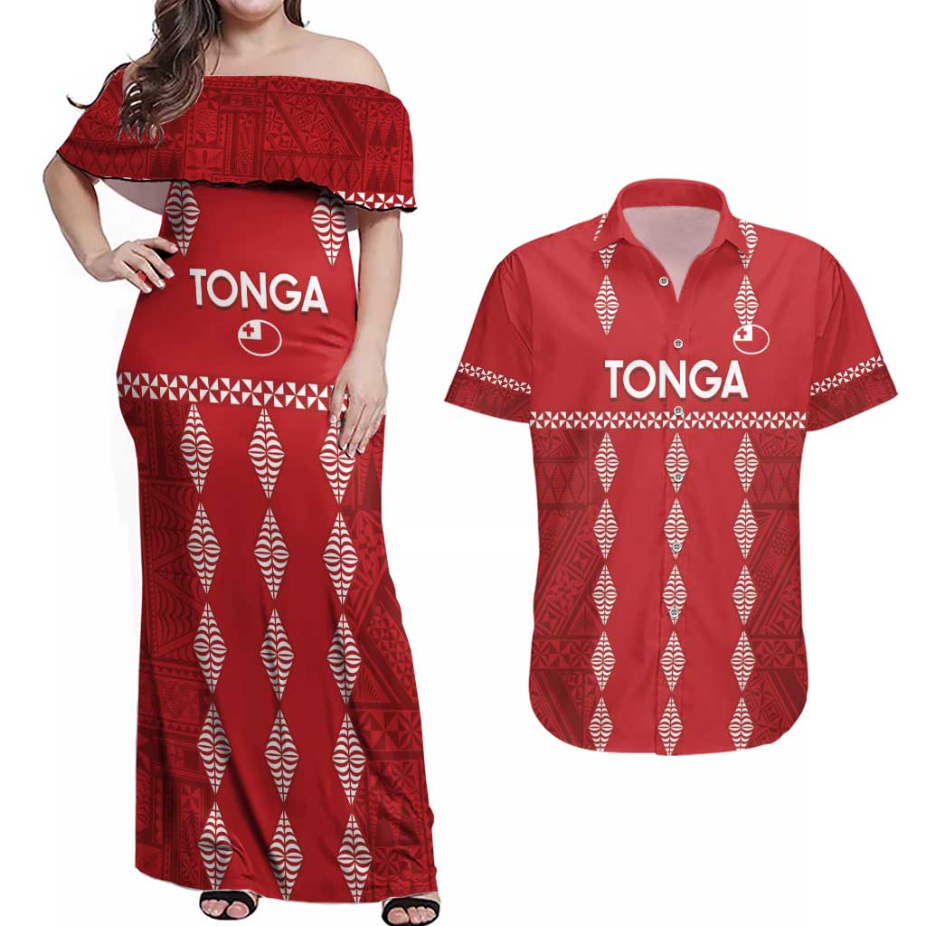 Custom Tonga Rugby 2024 Couples Matching Off Shoulder Maxi Dress and Hawaiian Shirt Go Champions Ikale Tahi Ngatu Pattern