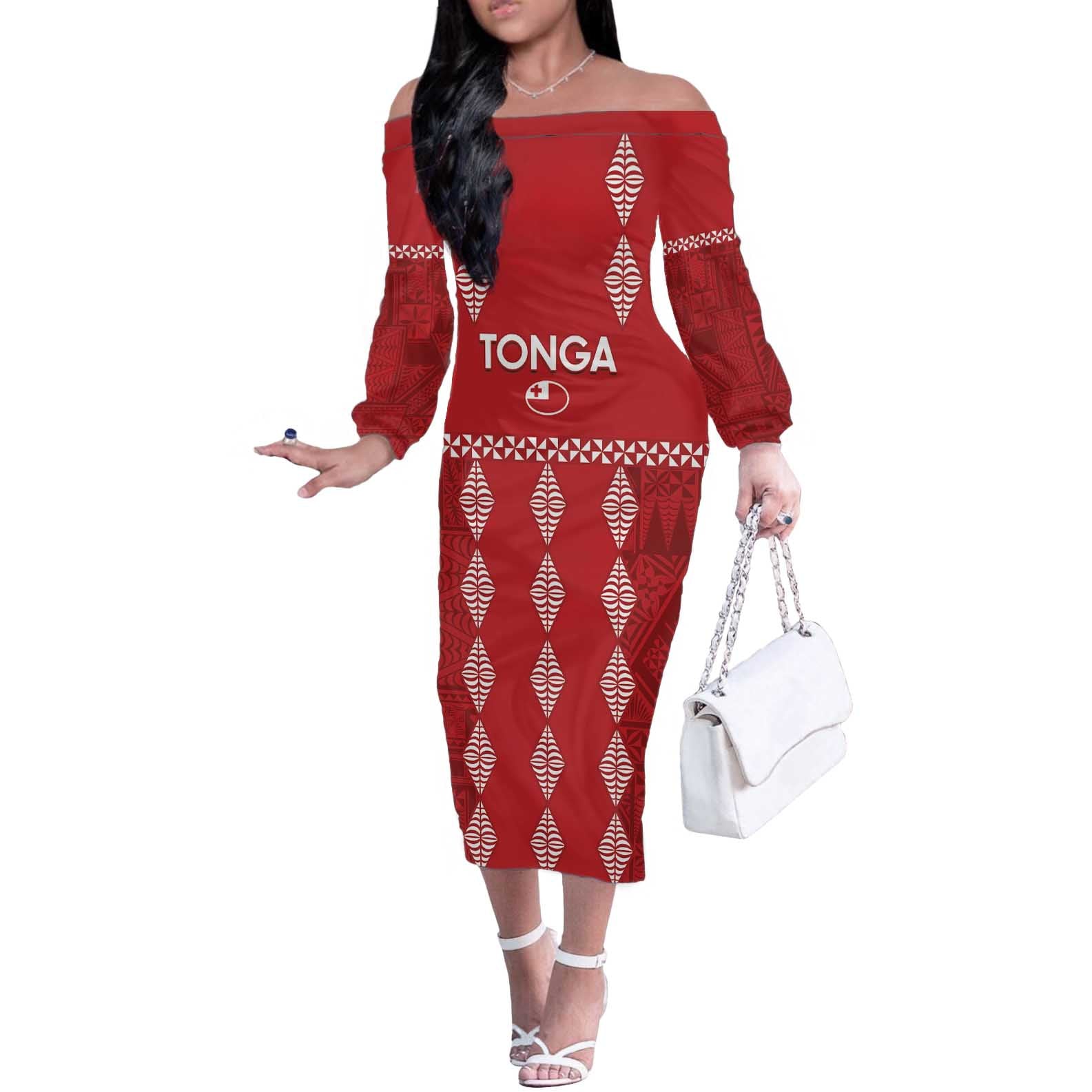 Custom Tonga Rugby 2024 Off The Shoulder Long Sleeve Dress Go Champions Ikale Tahi Ngatu Pattern