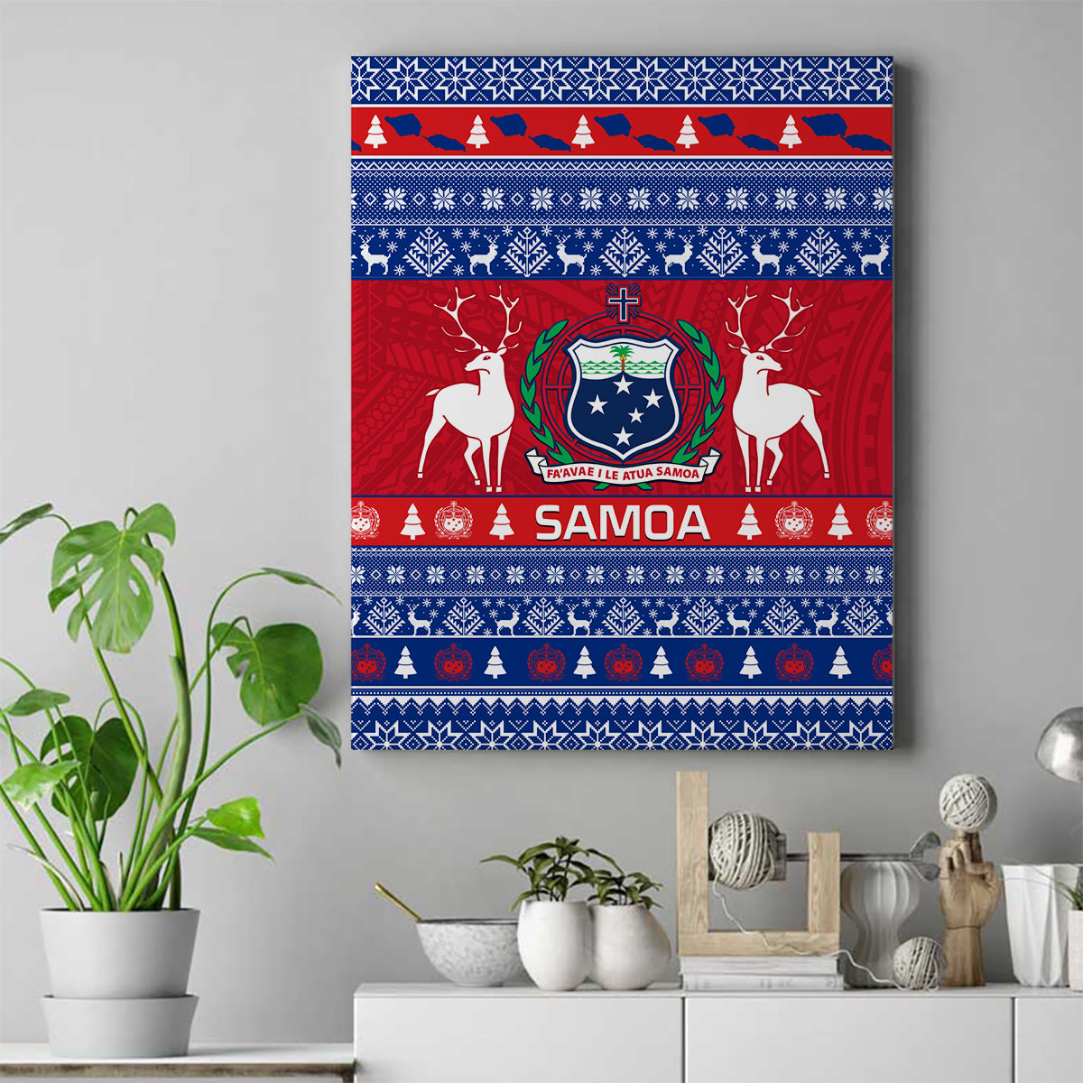 Personalised Samoa Christmas Canvas Wall Art Samoan Coat Of Arms Manuia Le Kirisimas LT14 Blue - Polynesian Pride