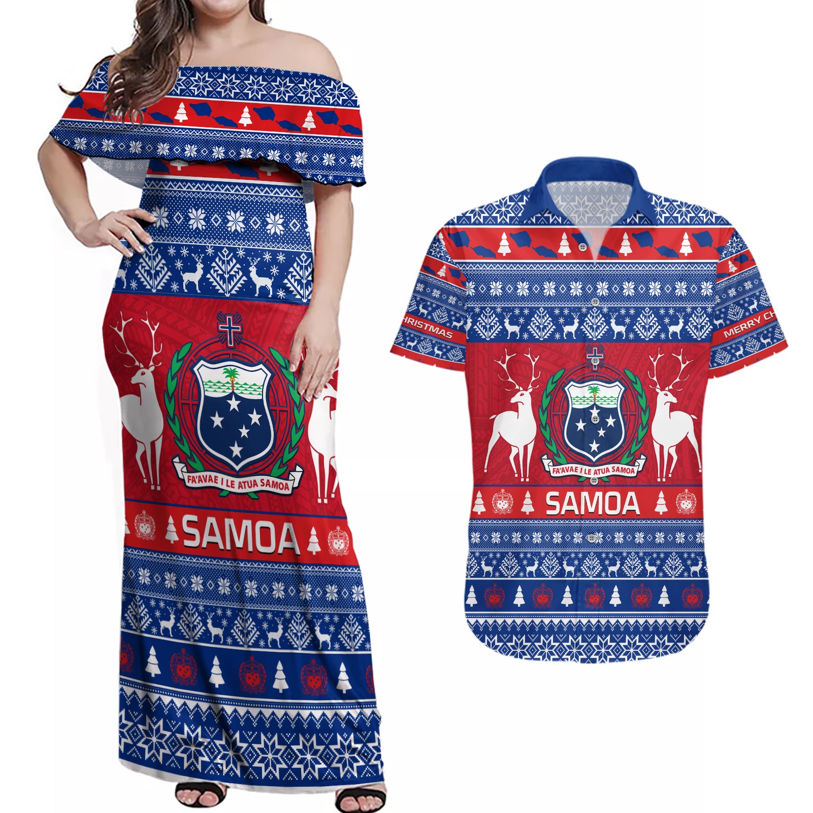 Personalised Samoa Christmas Couples Matching Off Shoulder Maxi Dress and Hawaiian Shirt Samoan Coat Of Arms Manuia Le Kirisimas LT14 Blue - Polynesian Pride