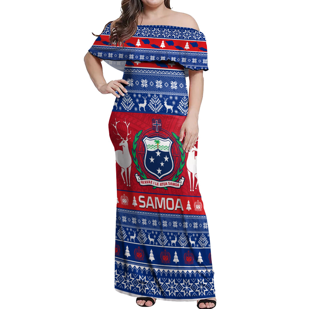 Personalised Samoa Christmas Off Shoulder Maxi Dress Samoan Coat Of Arms Manuia Le Kirisimas LT14 Women Blue - Polynesian Pride