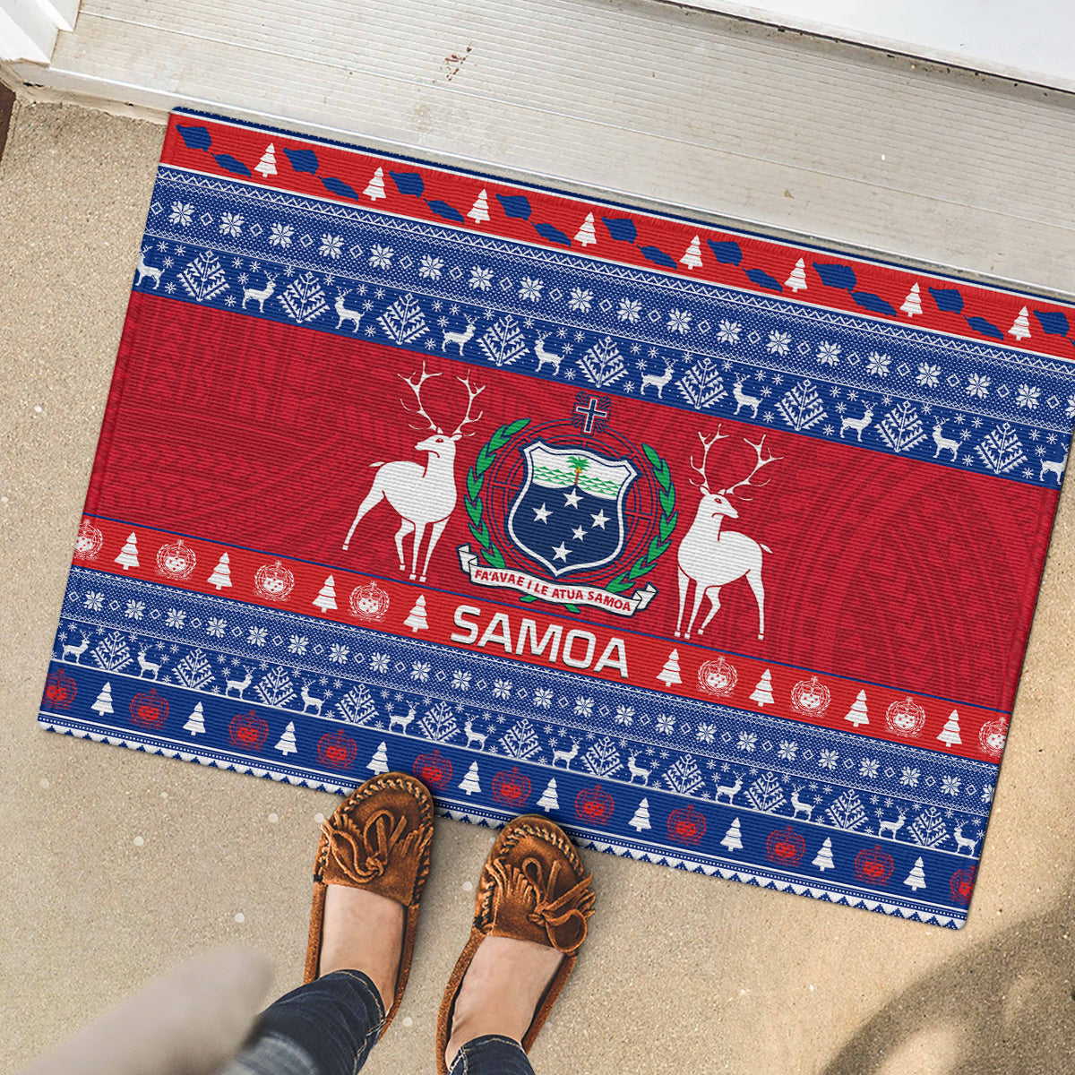 Personalised Samoa Christmas Rubber Doormat Samoan Coat Of Arms Manuia Le Kirisimas LT14 - Polynesian Pride