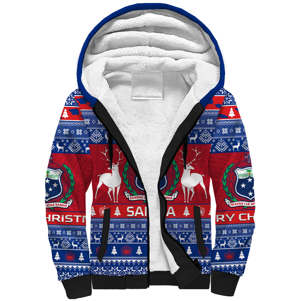 Personalised Samoa Christmas Sherpa Hoodie Samoan Coat Of Arms Manuia Le Kirisimas LT14 Unisex Blue - Polynesian Pride