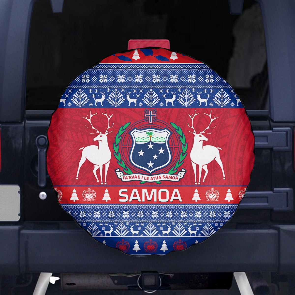 Personalised Samoa Christmas Spare Tire Cover Samoan Coat Of Arms Manuia Le Kirisimas LT14 Blue - Polynesian Pride