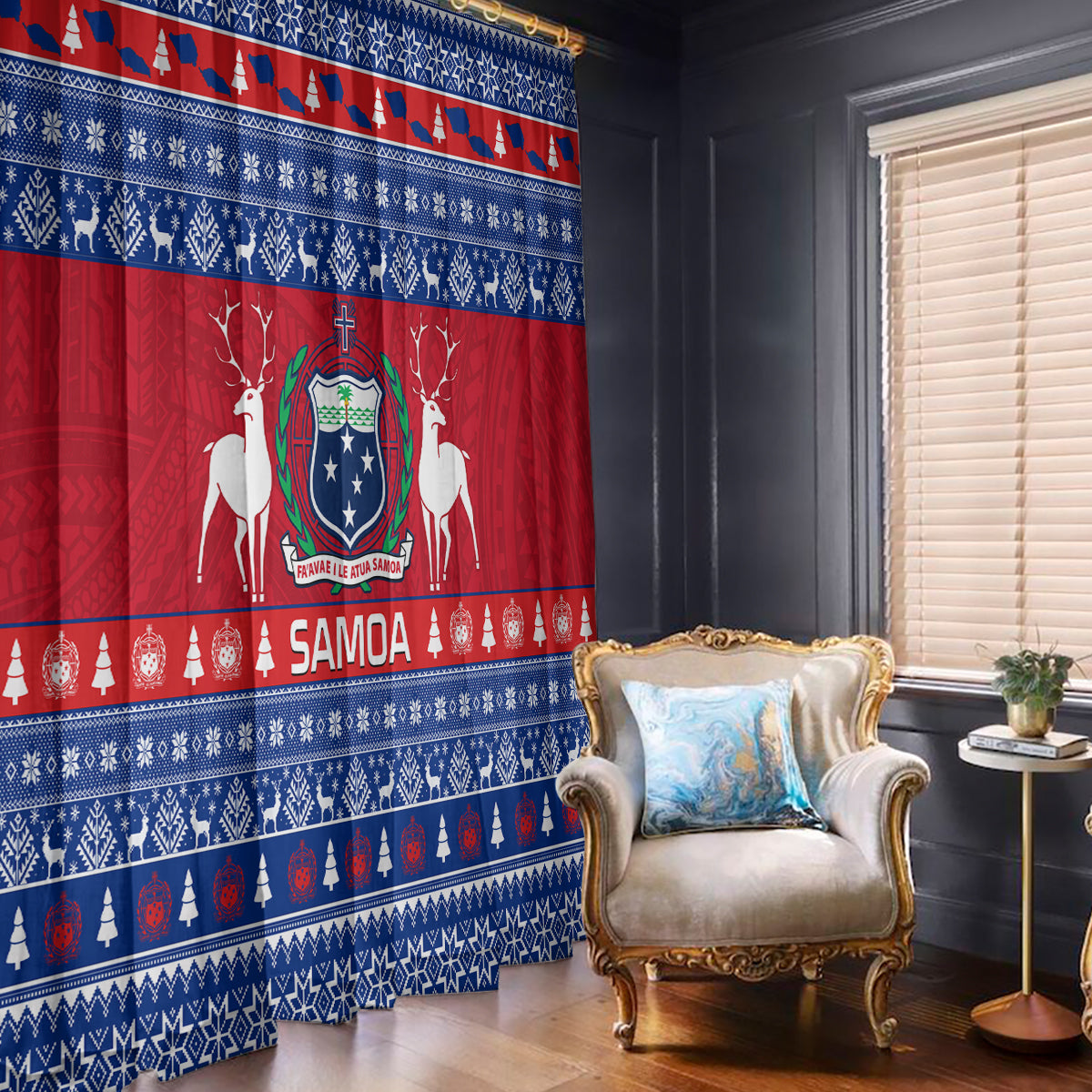 Personalised Samoa Christmas Window Curtain Samoan Coat Of Arms Manuia Le Kirisimas LT14 With Hooks Blue - Polynesian Pride