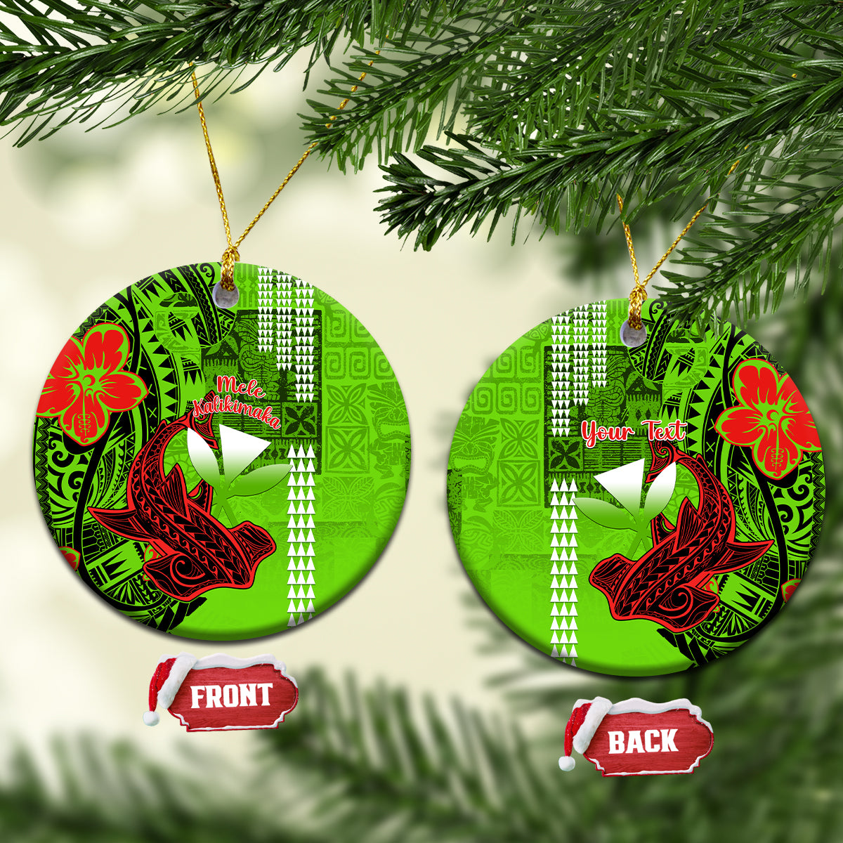 Personalised Hawaii Christmas Ceramic Ornament Mele Kalikimaka Kakau Polynesian Shark Tattoo LT14 Green - Polynesian Pride