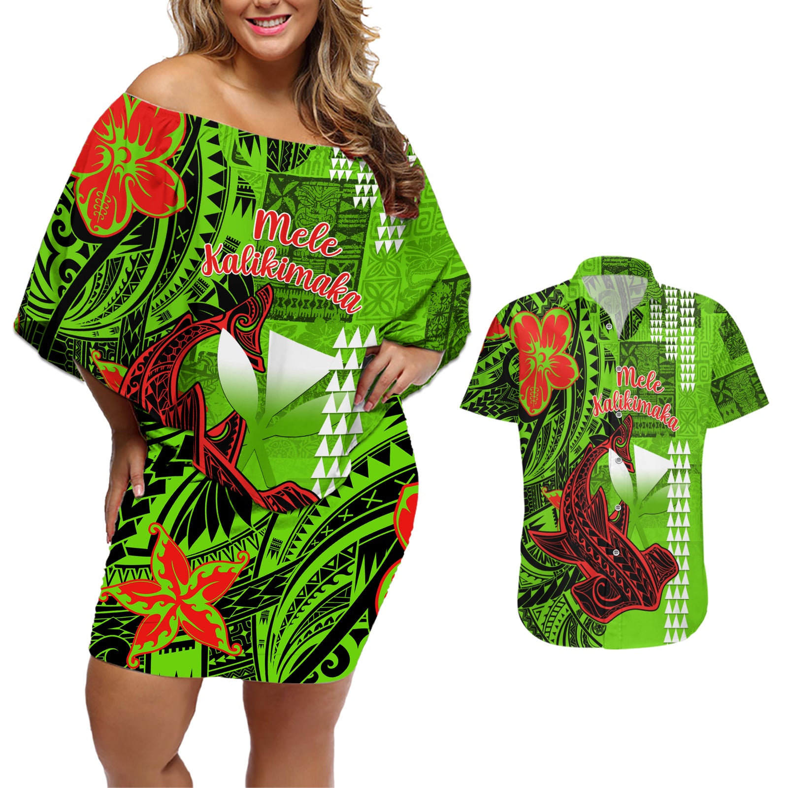 Personalised Hawaii Christmas Couples Matching Off Shoulder Short Dress and Hawaiian Shirt Mele Kalikimaka Kakau Polynesian Shark Tattoo LT14 Green - Polynesian Pride