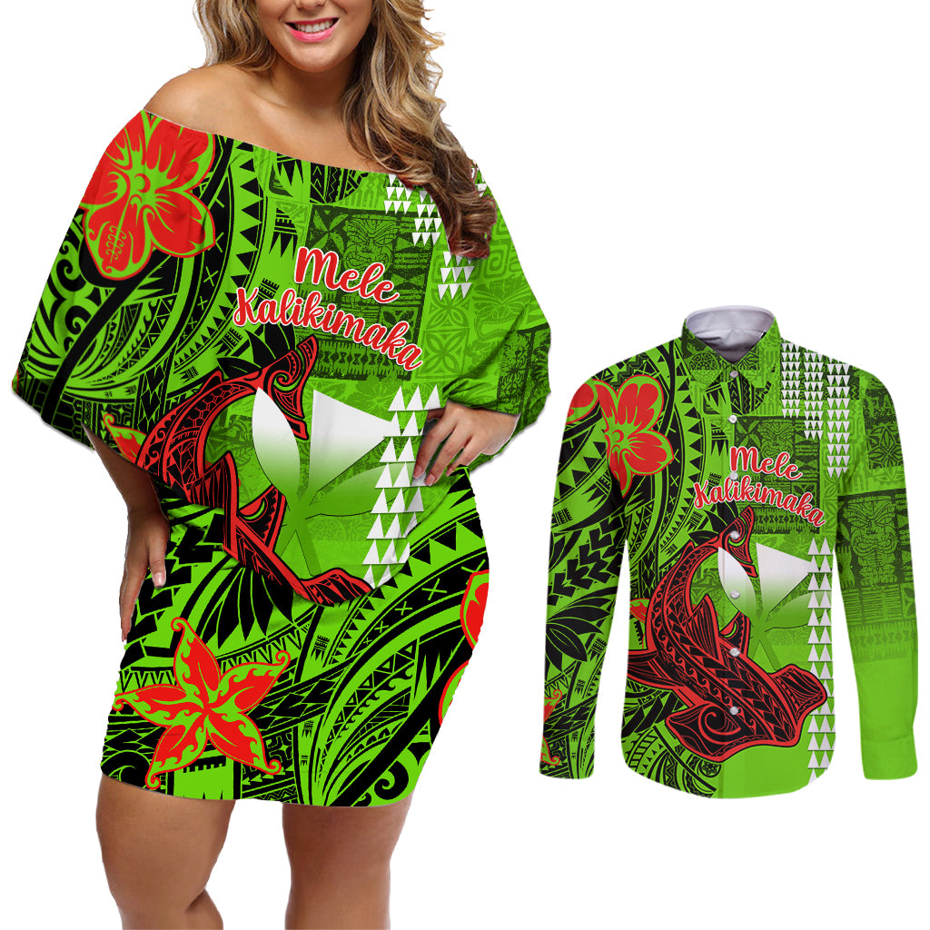 Personalised Hawaii Christmas Couples Matching Off Shoulder Short Dress and Long Sleeve Button Shirts Mele Kalikimaka Kakau Polynesian Shark Tattoo LT14 Green - Polynesian Pride