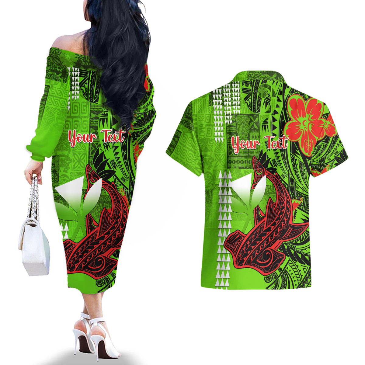Personalised Hawaii Christmas Couples Matching Off The Shoulder Long Sleeve Dress and Hawaiian Shirt Mele Kalikimaka Kakau Polynesian Shark Tattoo LT14 - Polynesian Pride