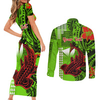 Personalised Hawaii Christmas Couples Matching Short Sleeve Bodycon Dress and Long Sleeve Button Shirts Mele Kalikimaka Kakau Polynesian Shark Tattoo LT14 - Polynesian Pride