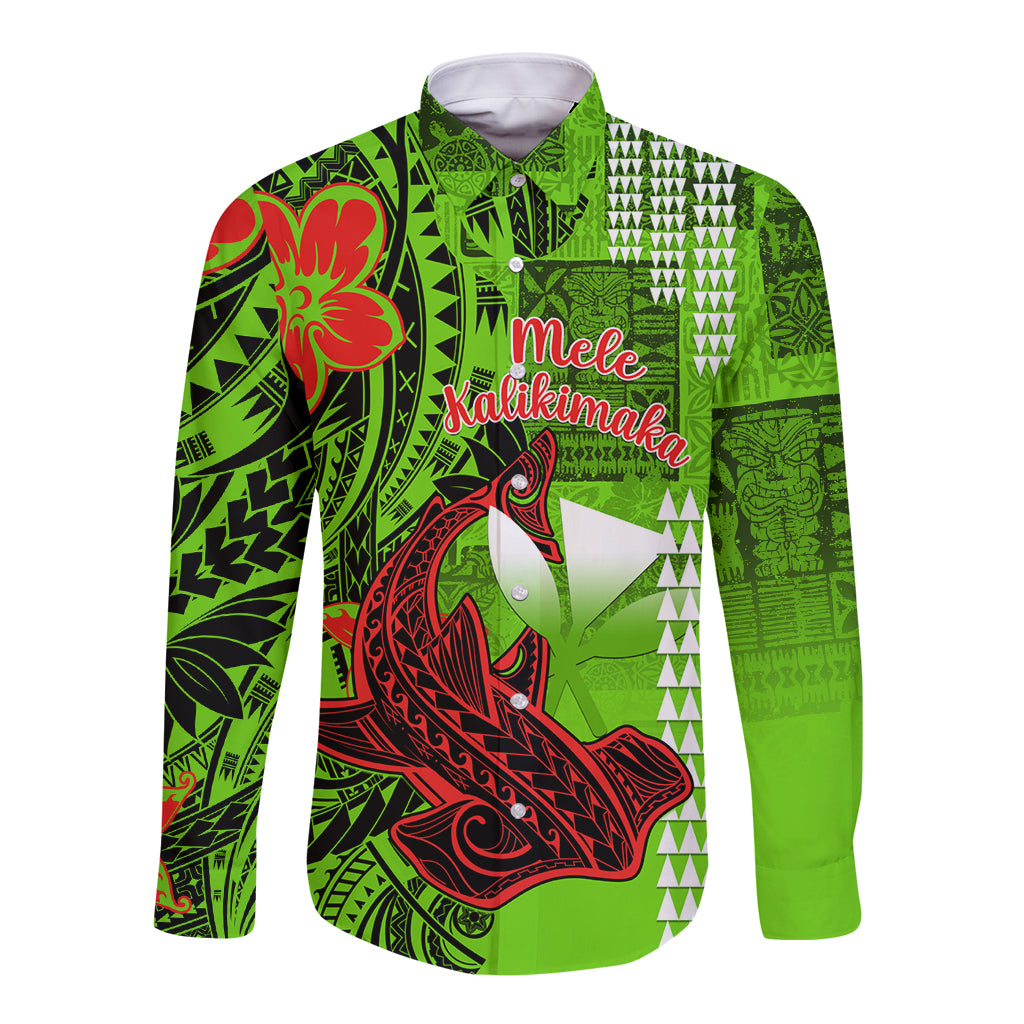Personalised Hawaii Christmas Long Sleeve Button Shirt Mele Kalikimaka Kakau Polynesian Shark Tattoo LT14 Unisex Green - Polynesian Pride