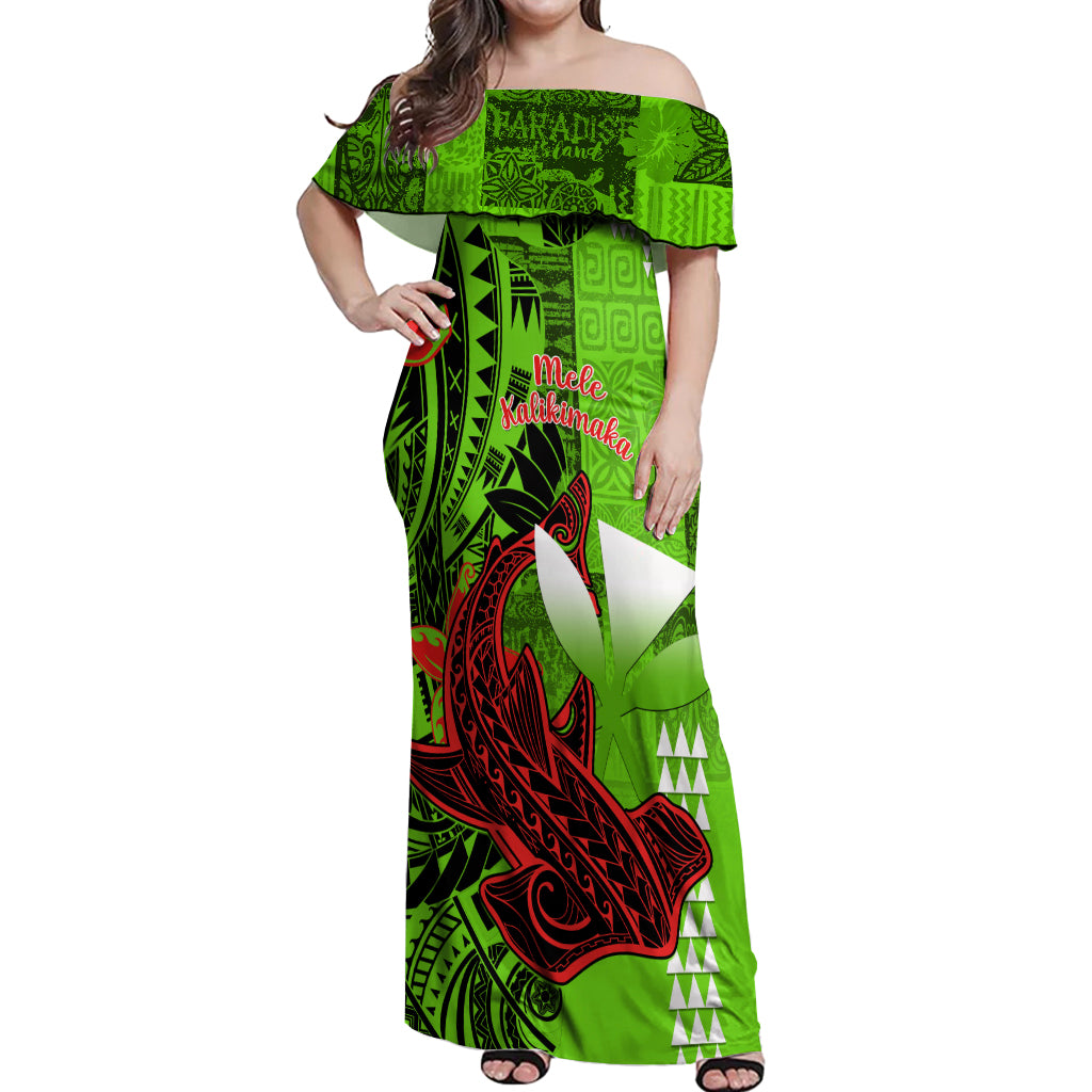 Personalised Hawaii Christmas Off Shoulder Maxi Dress Mele Kalikimaka Kakau Polynesian Shark Tattoo LT14 Women Green - Polynesian Pride