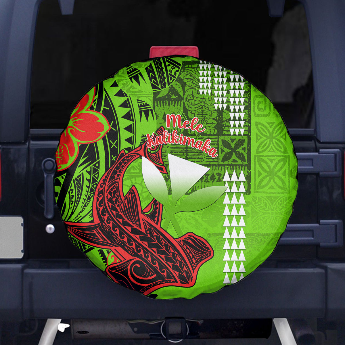 Personalised Hawaii Christmas Spare Tire Cover Mele Kalikimaka Kakau Polynesian Shark Tattoo LT14 Green - Polynesian Pride