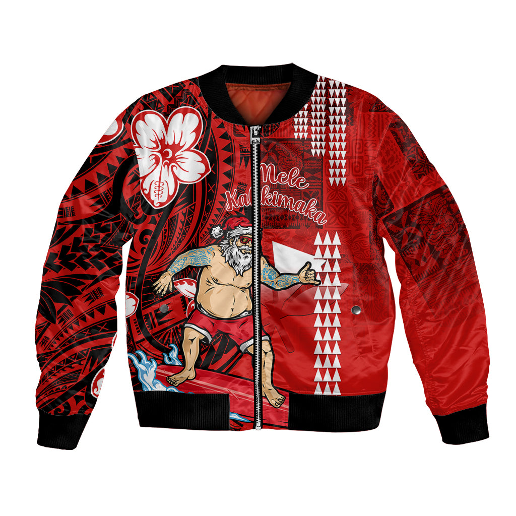 Personalised Hawaii Christmas Bomber Jacket Mele Kalikimaka Surfing Santa Claus LT14 Unisex Red - Polynesian Pride