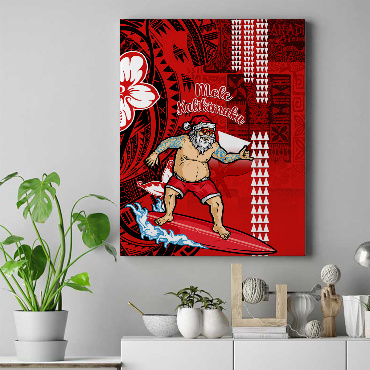 Personalised Hawaii Christmas Canvas Wall Art Mele Kalikimaka Surfing Santa Claus LT14 Red - Polynesian Pride