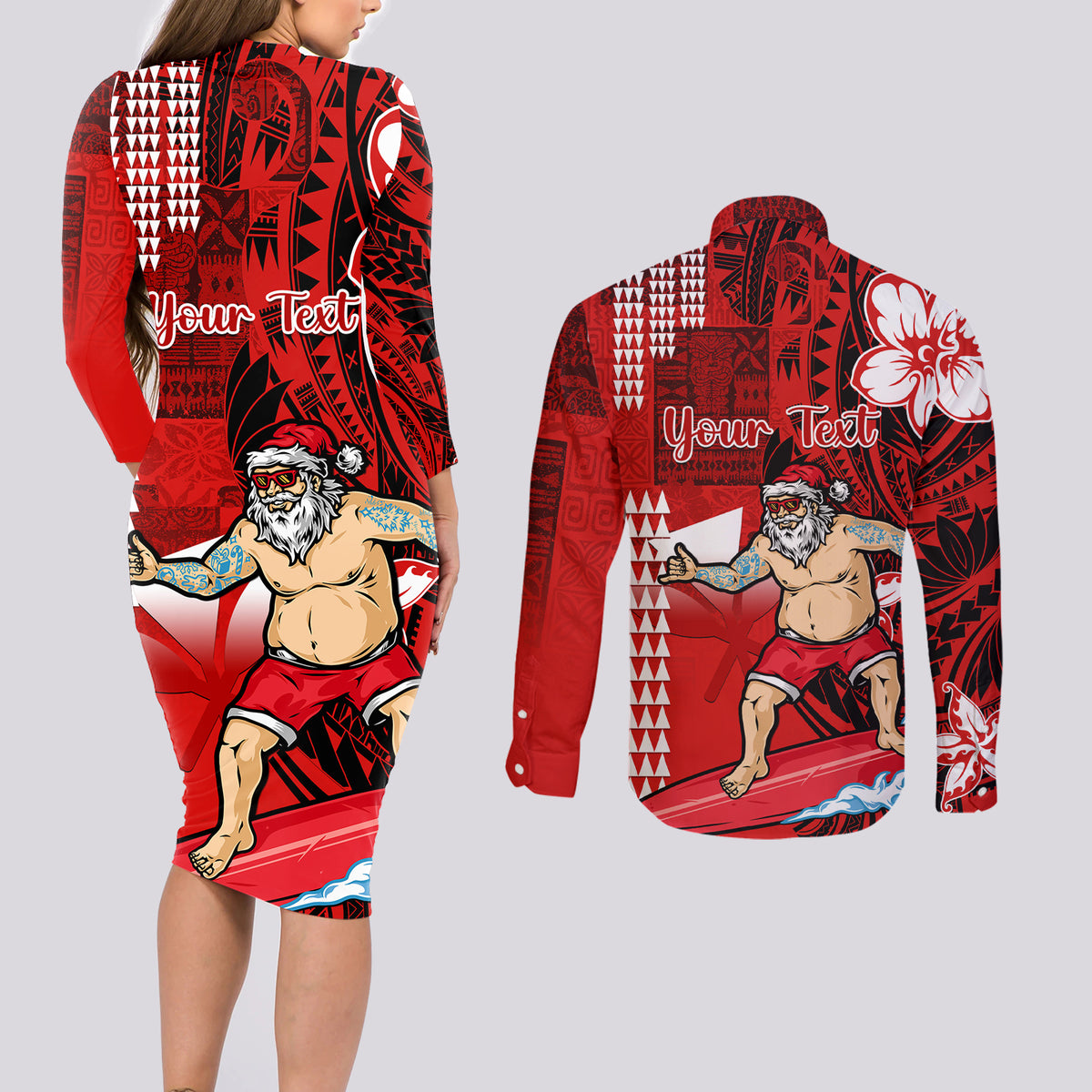 Personalised Hawaii Christmas Couples Matching Long Sleeve Bodycon Dress and Long Sleeve Button Shirts Mele Kalikimaka Surfing Santa Claus LT14 - Polynesian Pride