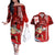 Personalised Hawaii Christmas Couples Matching Off The Shoulder Long Sleeve Dress and Hawaiian Shirt Mele Kalikimaka Surfing Santa Claus LT14 Red - Polynesian Pride