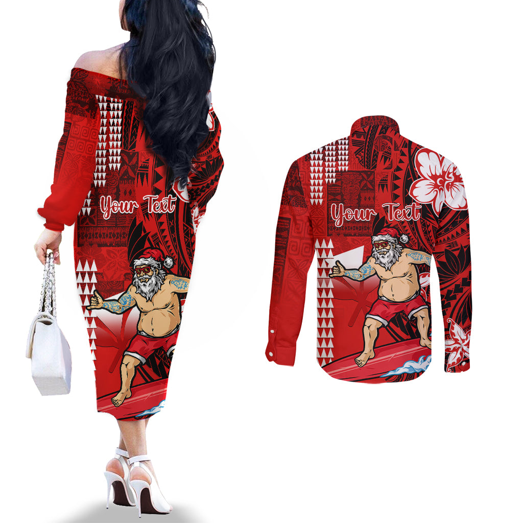 Personalised Hawaii Christmas Couples Matching Off The Shoulder Long Sleeve Dress and Long Sleeve Button Shirts Mele Kalikimaka Surfing Santa Claus LT14 - Polynesian Pride
