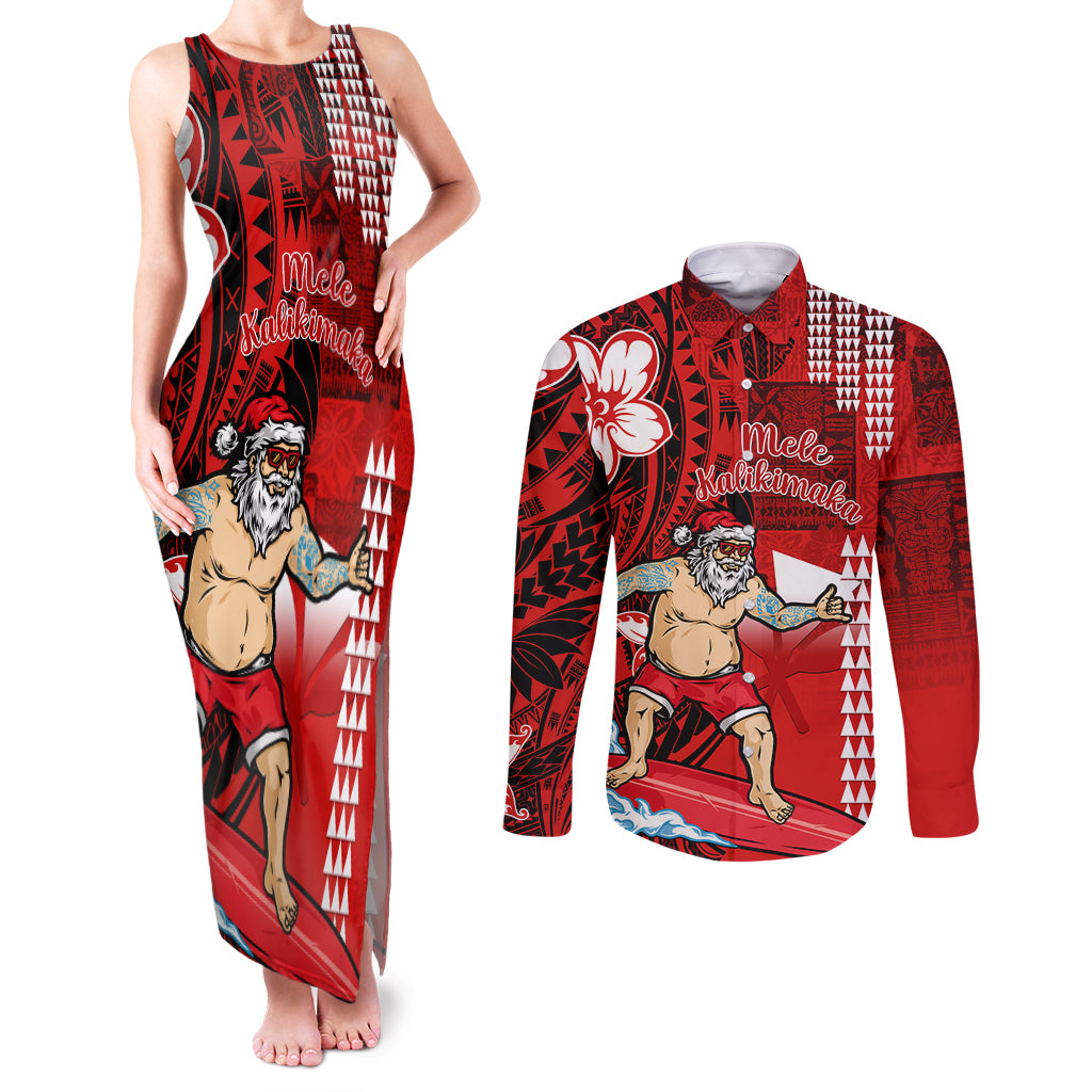Personalised Hawaii Christmas Couples Matching Tank Maxi Dress and Long Sleeve Button Shirts Mele Kalikimaka Surfing Santa Claus LT14 Red - Polynesian Pride