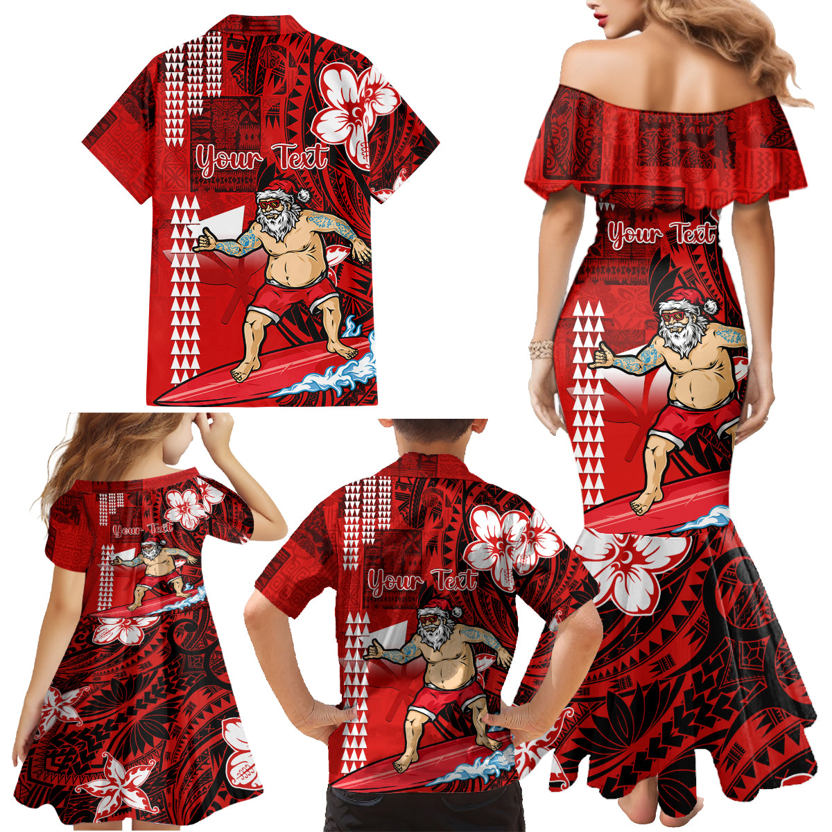 Personalised Hawaii Christmas Family Matching Mermaid Dress and Hawaiian Shirt Mele Kalikimaka Surfing Santa Claus LT14 - Polynesian Pride