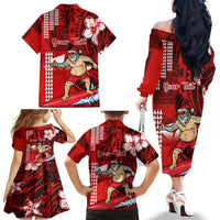Personalised Hawaii Christmas Family Matching Off Shoulder Long Sleeve Dress and Hawaiian Shirt Mele Kalikimaka Surfing Santa Claus LT14 - Polynesian Pride