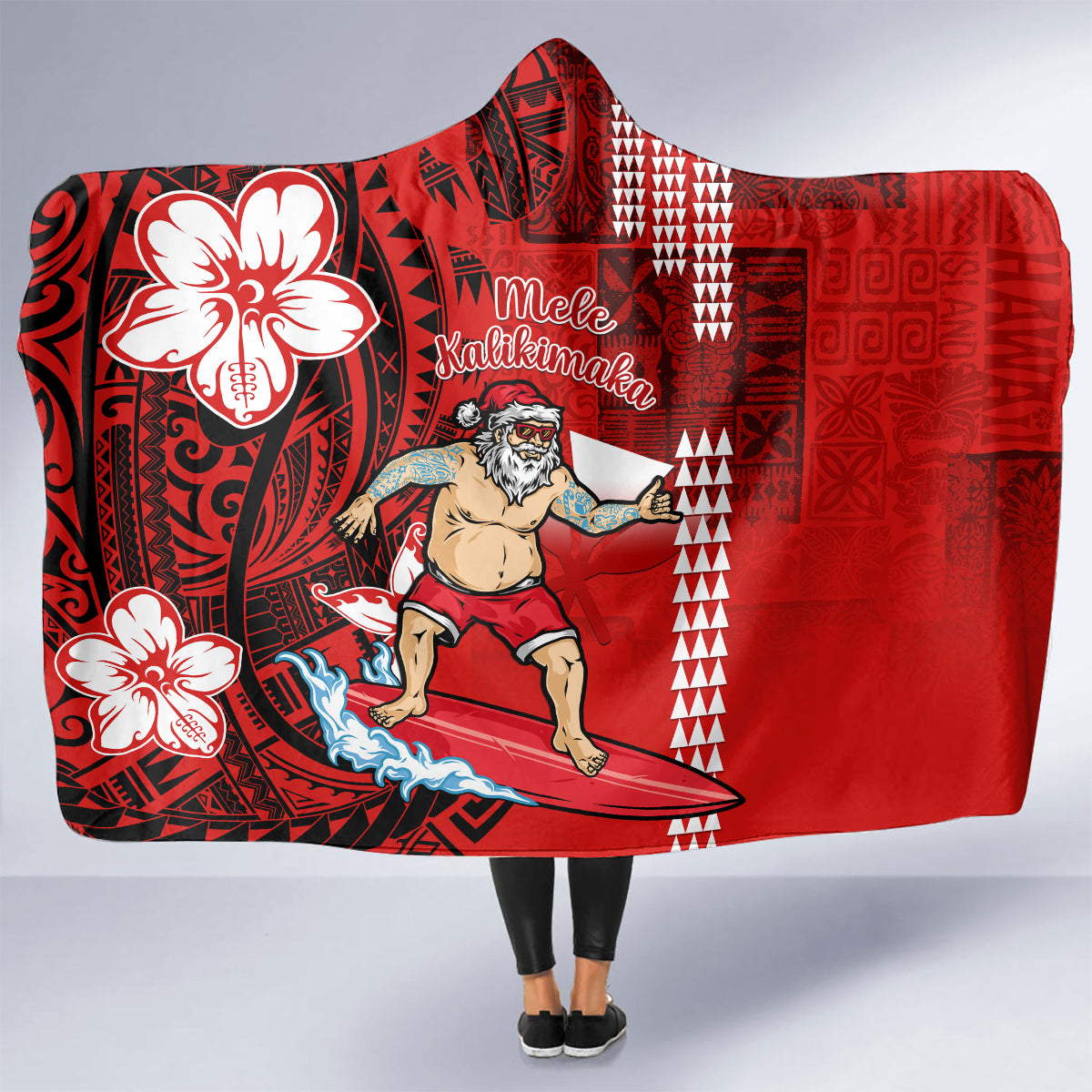 Personalised Hawaii Christmas Hooded Blanket Mele Kalikimaka Surfing Santa Claus LT14 - Polynesian Pride