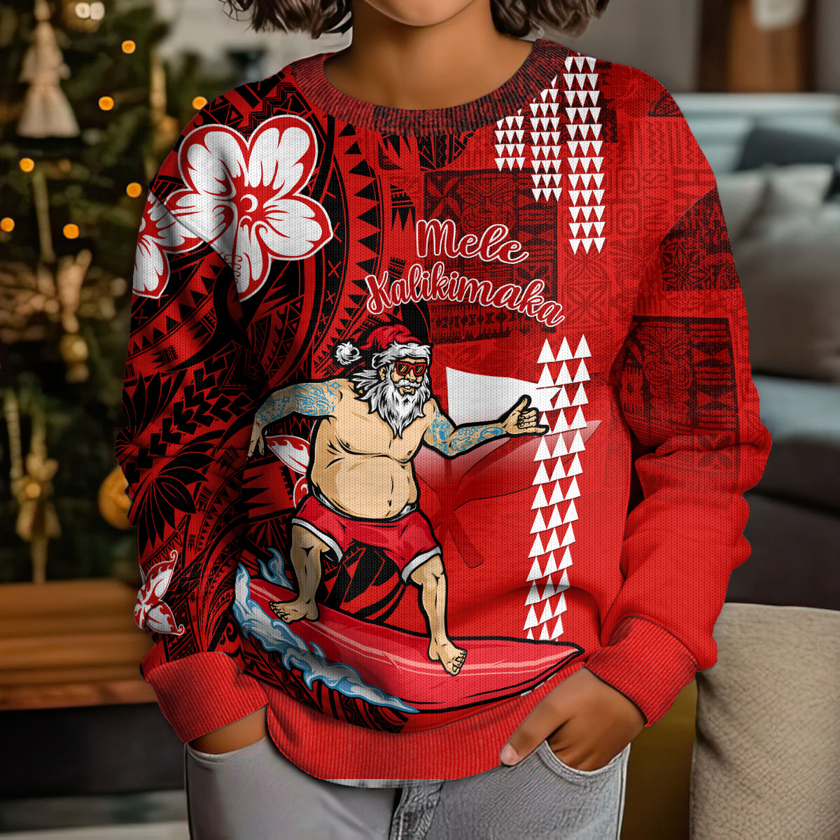Personalised Hawaii Christmas Kid Ugly Christmas Sweater Mele Kalikimaka Surfing Santa Claus LT14 - Polynesian Pride
