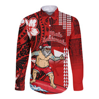 Personalised Hawaii Christmas Long Sleeve Button Shirt Mele Kalikimaka Surfing Santa Claus LT14 Unisex Red - Polynesian Pride