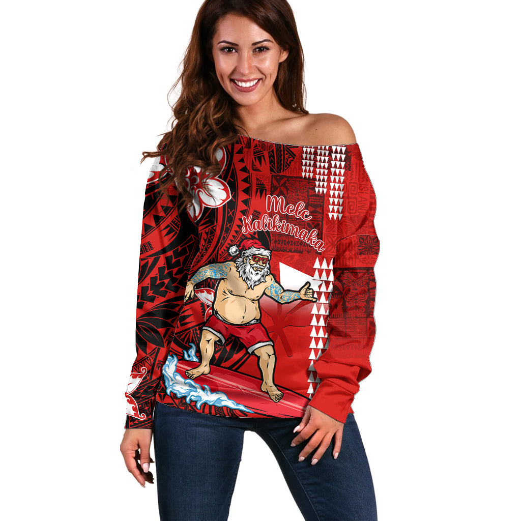 Personalised Hawaii Christmas Off Shoulder Sweater Mele Kalikimaka Surfing Santa Claus LT14 Women Red - Polynesian Pride