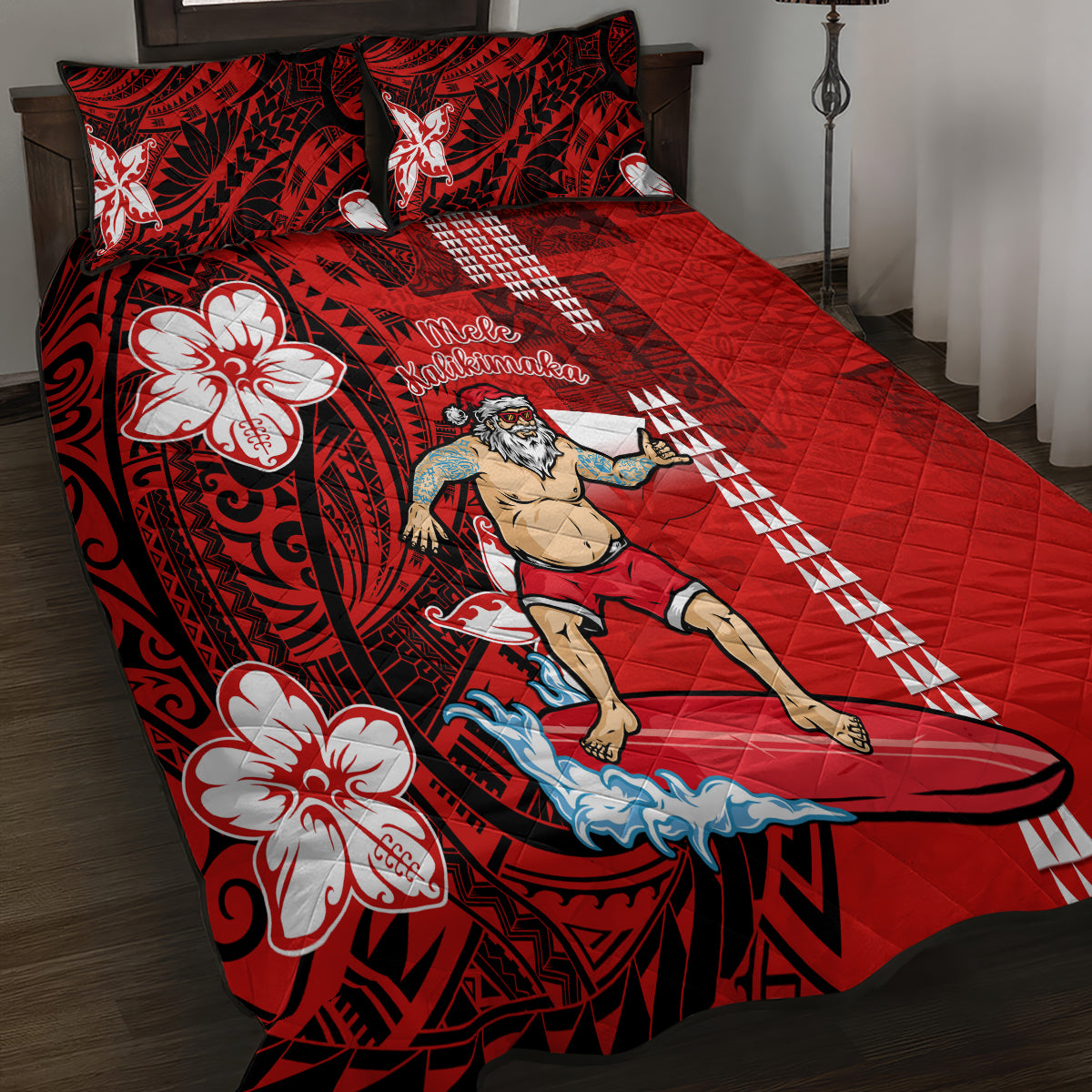 Personalised Hawaii Christmas Quilt Bed Set Mele Kalikimaka Surfing Santa Claus LT14 - Polynesian Pride