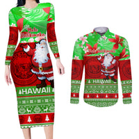 Personalised Hawaii Christmas Couples Matching Long Sleeve Bodycon Dress and Long Sleeve Button Shirts Mele Kalikimaka Hawaiian Santa Tropical Vibes LT14 Red - Polynesian Pride