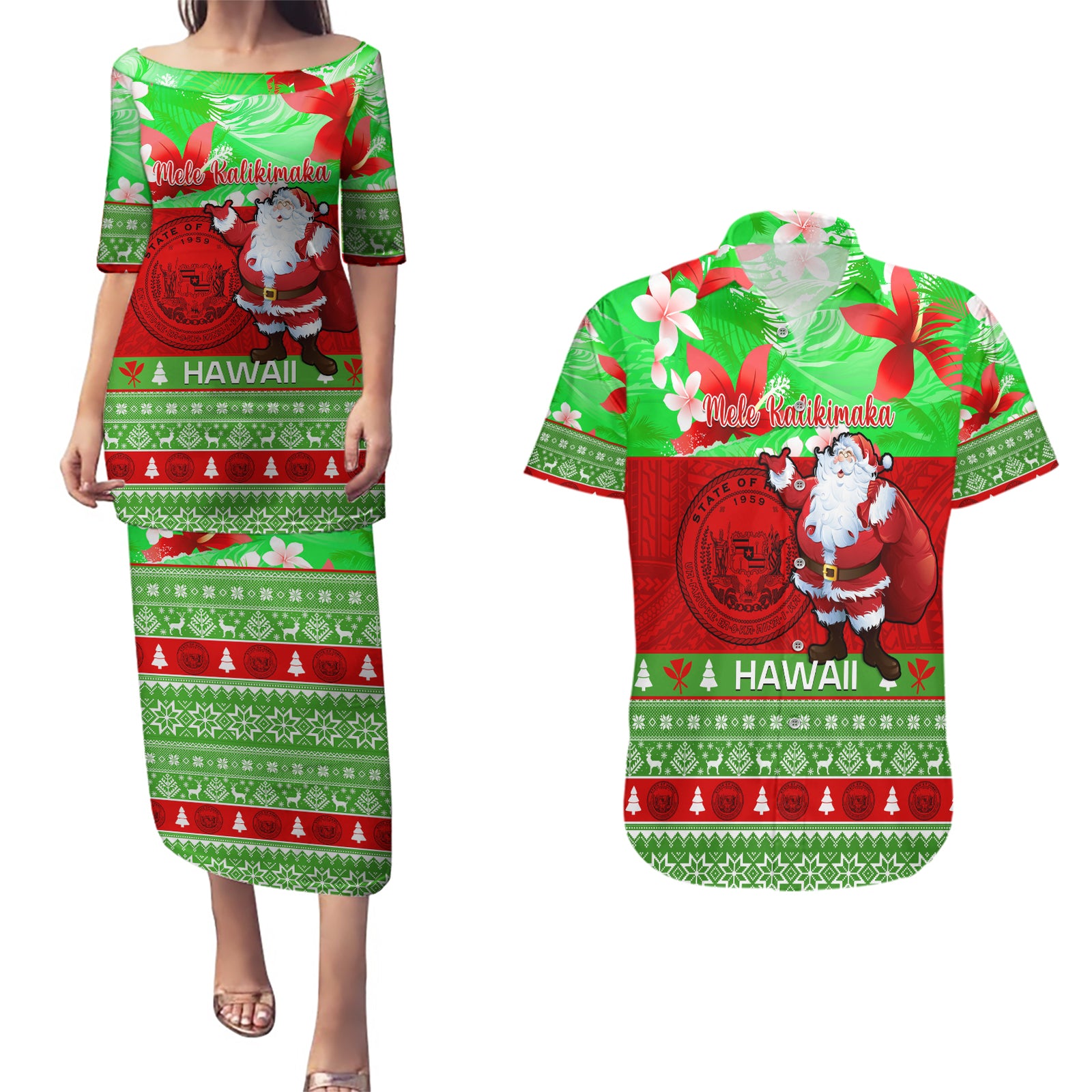 Personalised Hawaii Christmas Couples Matching Puletasi Dress and Hawaiian Shirt Mele Kalikimaka Hawaiian Santa Tropical Vibes LT14 Red - Polynesian Pride