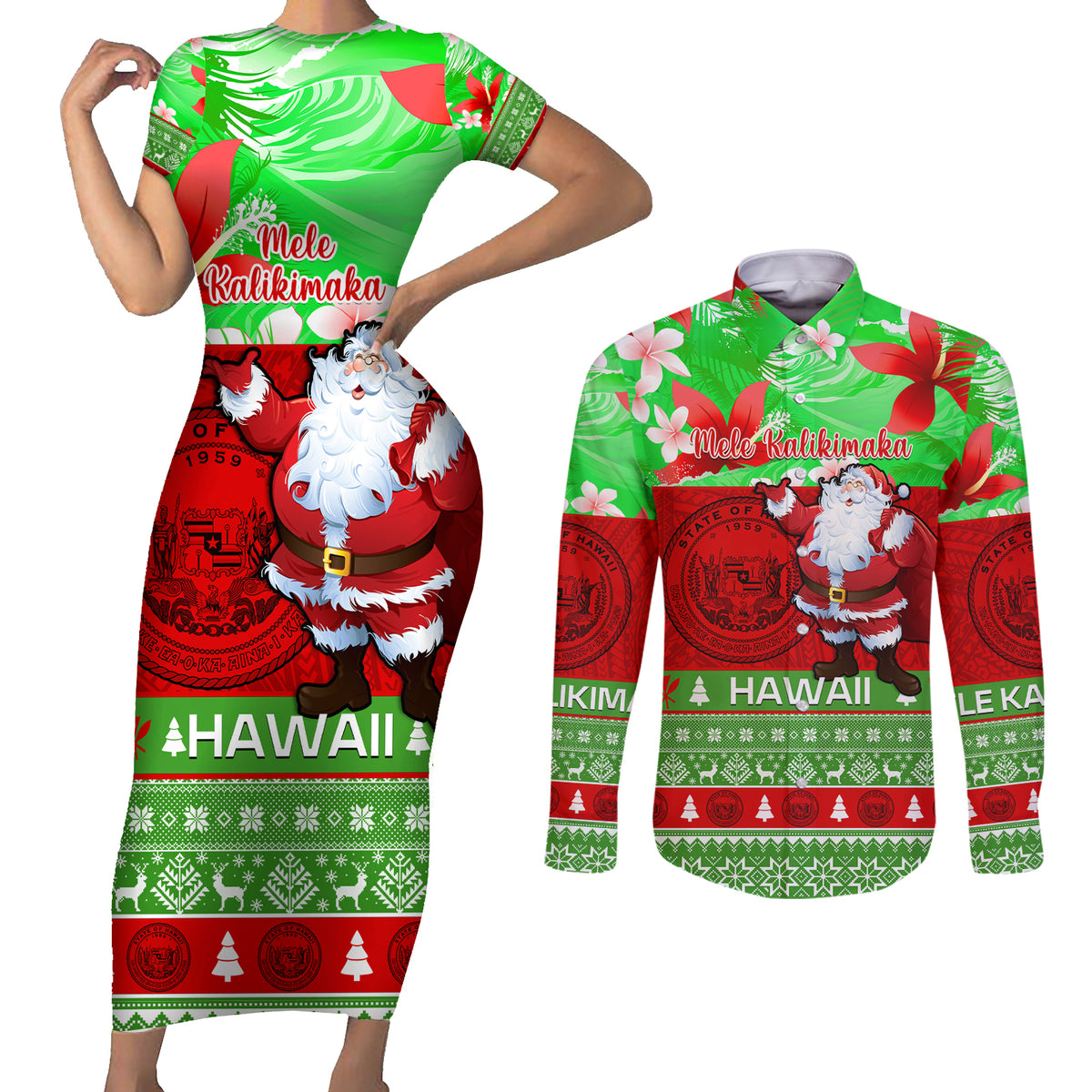 Personalised Hawaii Christmas Couples Matching Short Sleeve Bodycon Dress and Long Sleeve Button Shirts Mele Kalikimaka Hawaiian Santa Tropical Vibes LT14 Red - Polynesian Pride
