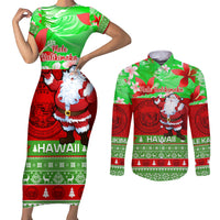 Personalised Hawaii Christmas Couples Matching Short Sleeve Bodycon Dress and Long Sleeve Button Shirts Mele Kalikimaka Hawaiian Santa Tropical Vibes LT14 Red - Polynesian Pride