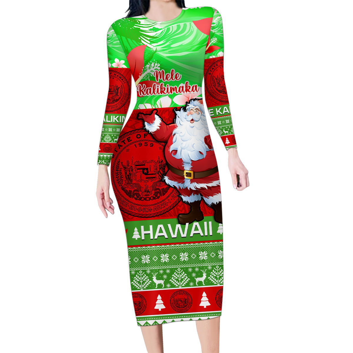 Personalised Hawaii Christmas Family Matching Long Sleeve Bodycon Dress and Hawaiian Shirt Mele Kalikimaka Hawaiian Santa Tropical Vibes LT14 Mom's Dress Red - Polynesian Pride