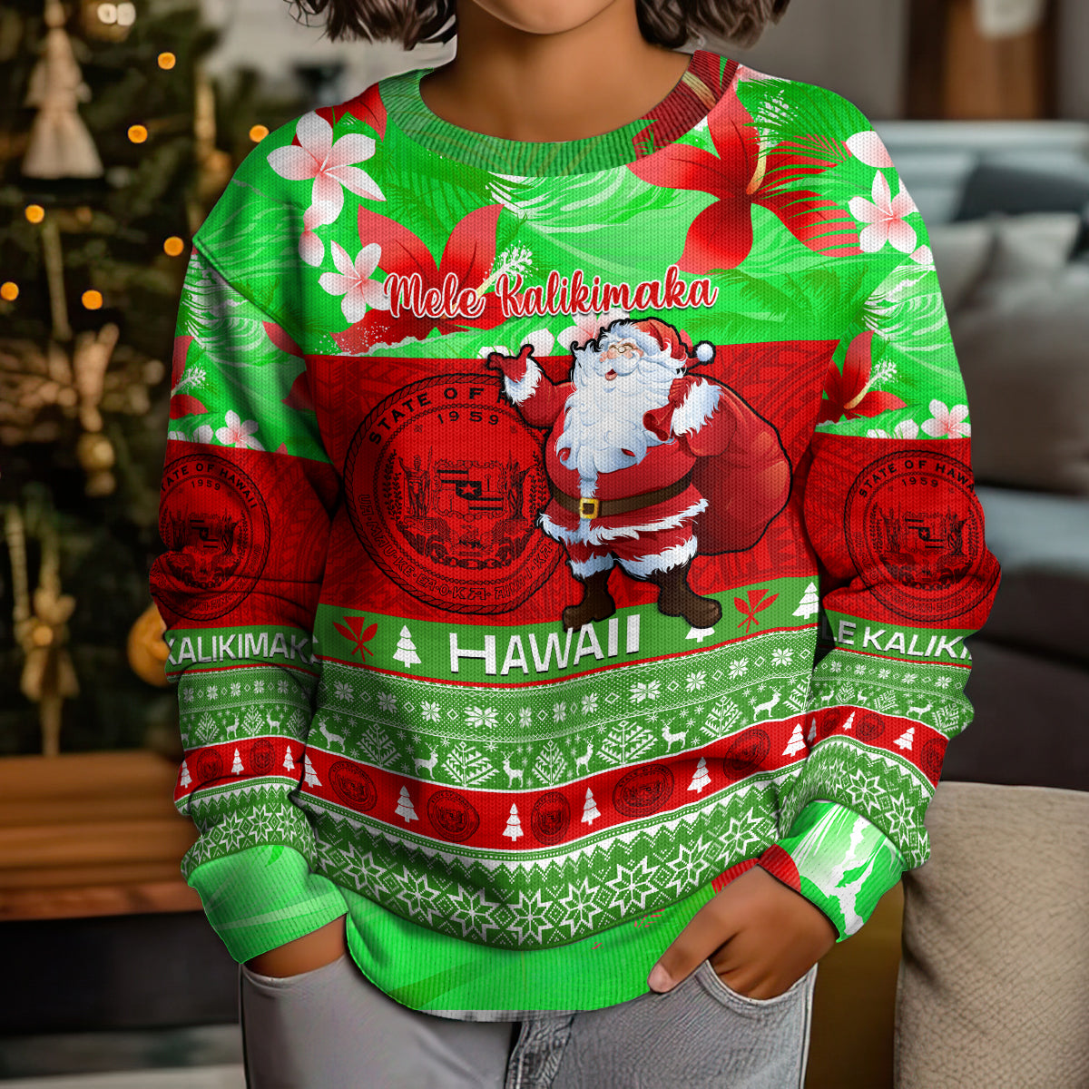 Personalised Hawaii Christmas Kid Ugly Christmas Sweater Mele Kalikimaka Hawaiian Santa Tropical Vibes LT14 - Polynesian Pride