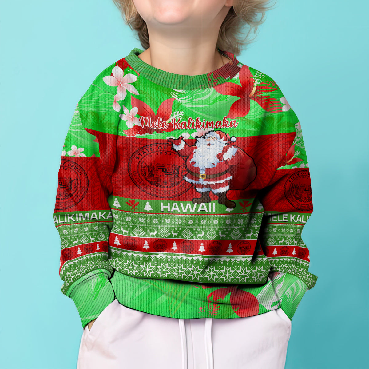 Personalised Hawaii Christmas Kid Ugly Christmas Sweater Mele Kalikimaka Hawaiian Santa Tropical Vibes LT14 - Polynesian Pride