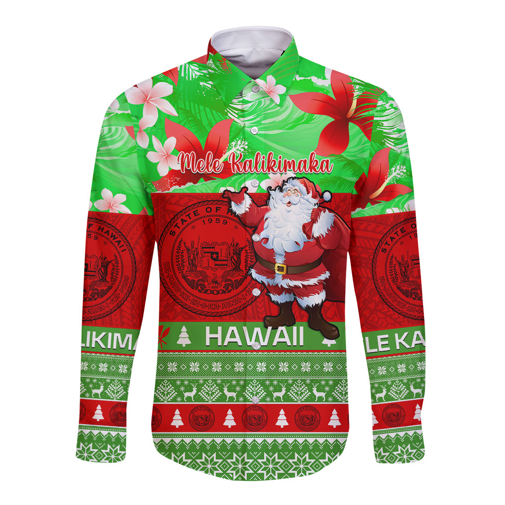 Personalised Hawaii Christmas Long Sleeve Button Shirt Mele Kalikimaka Hawaiian Santa Tropical Vibes LT14 Unisex Red - Polynesian Pride