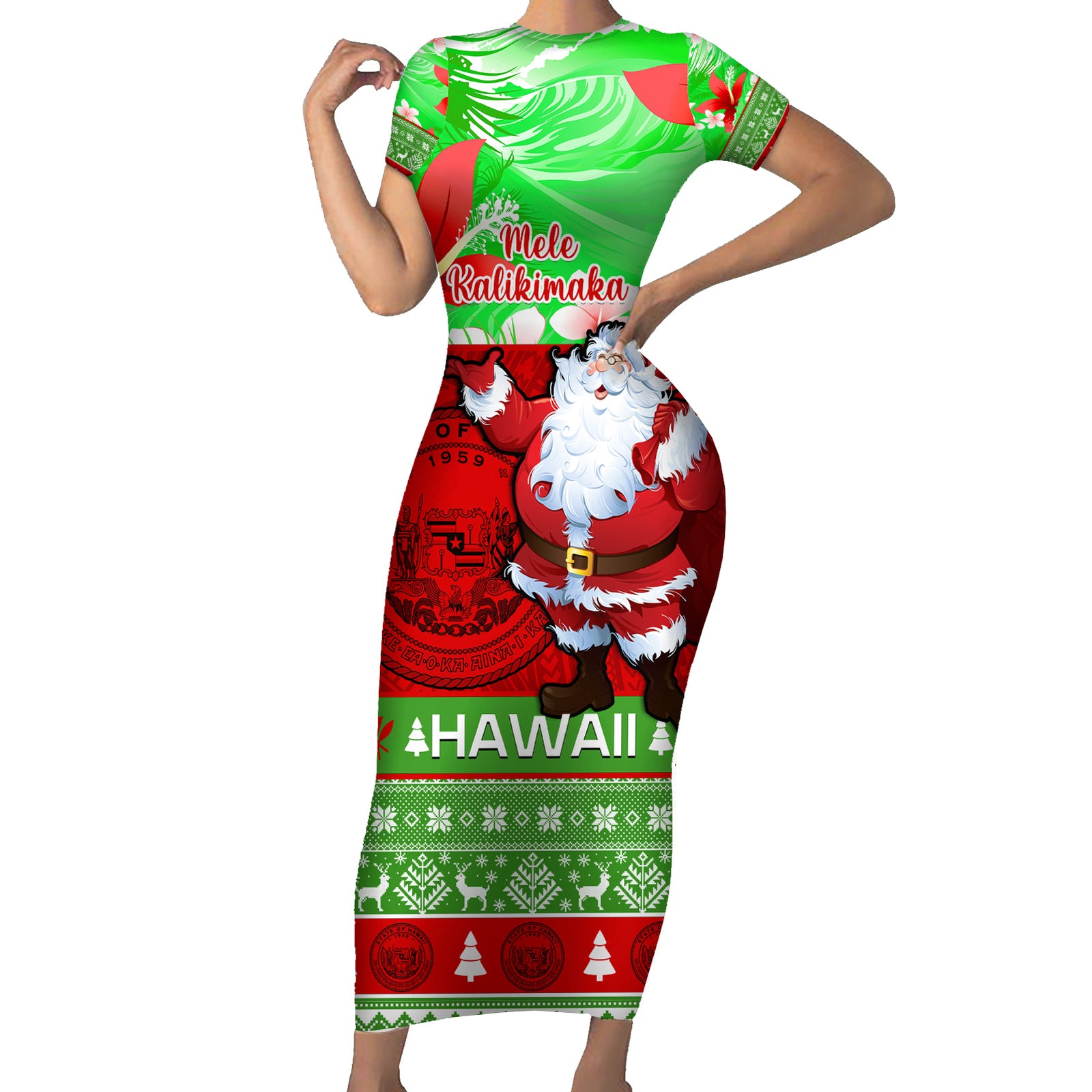 Personalised Hawaii Christmas Short Sleeve Bodycon Dress Mele Kalikimaka Hawaiian Santa Tropical Vibes LT14 Long Dress Red - Polynesian Pride
