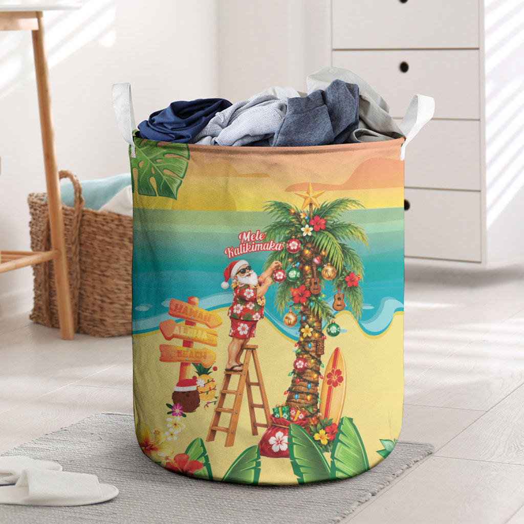 Hawaii Christmas Mele Kalikimaka Laundry Basket Santa Decorating Xmas Palm Tree Tropical Vibes LT14 Multicolor - Polynesian Pride